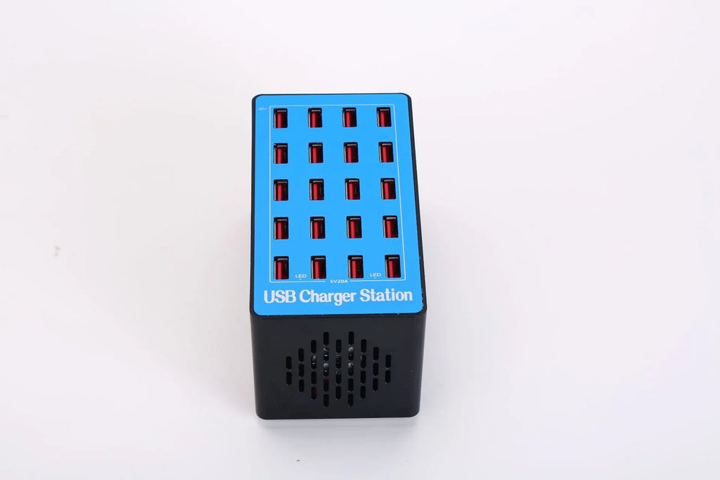 20-port USB charging station in Blue A5 with PC ABS fire retardant housing and UK EU US AU power supply option