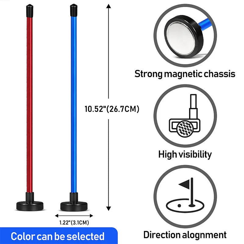Aluminium alloy golf swing trainer with magnetic direction bar in red or blue.