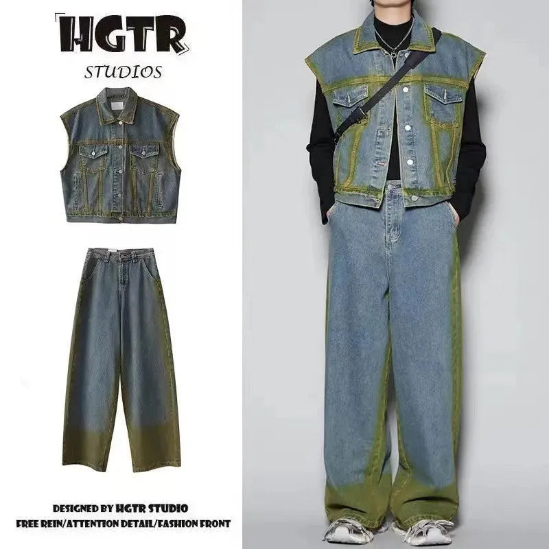 Distressed blue vest and jeans two-piece suit with spray colour gradient and fleece lining