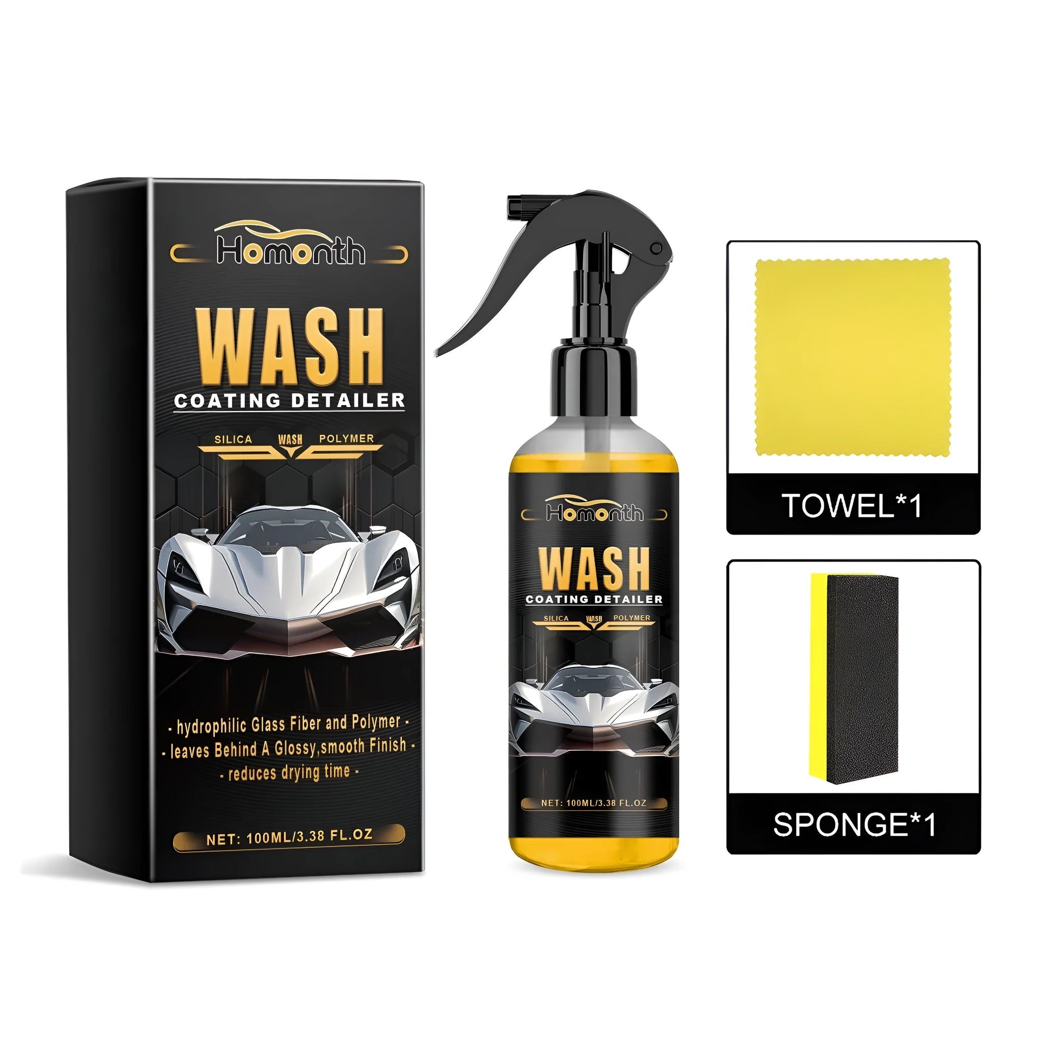 Wash coating detailer kit with 500ml PET bottle, sponge applicator and microfiber cloth for car cleaning