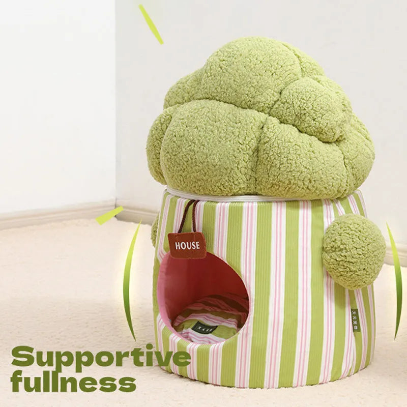 Green cauliflower-shaped enclosed pet house with a round entrance hole for a small dog or cat.