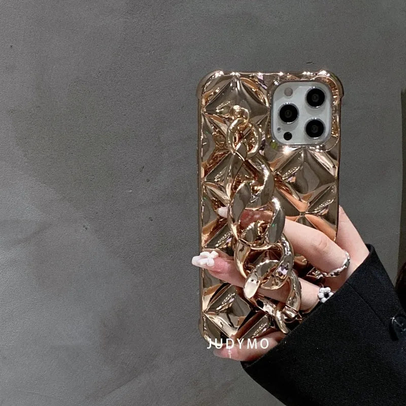 Diamond gold silicone phone case with golden chain for iPhone, front and back view