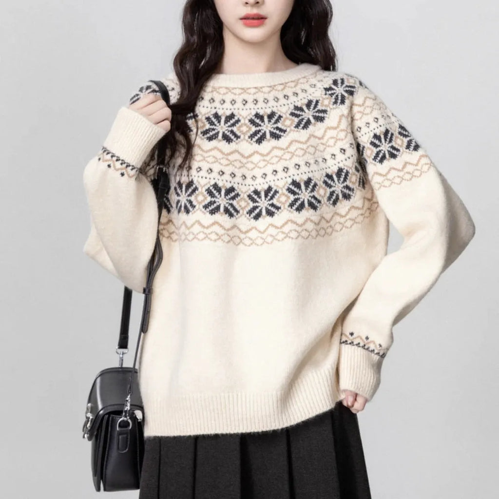Milky White women's loose knit sweater with an all-over geometric Fair Isle pattern, crew neck, and long sleeves.