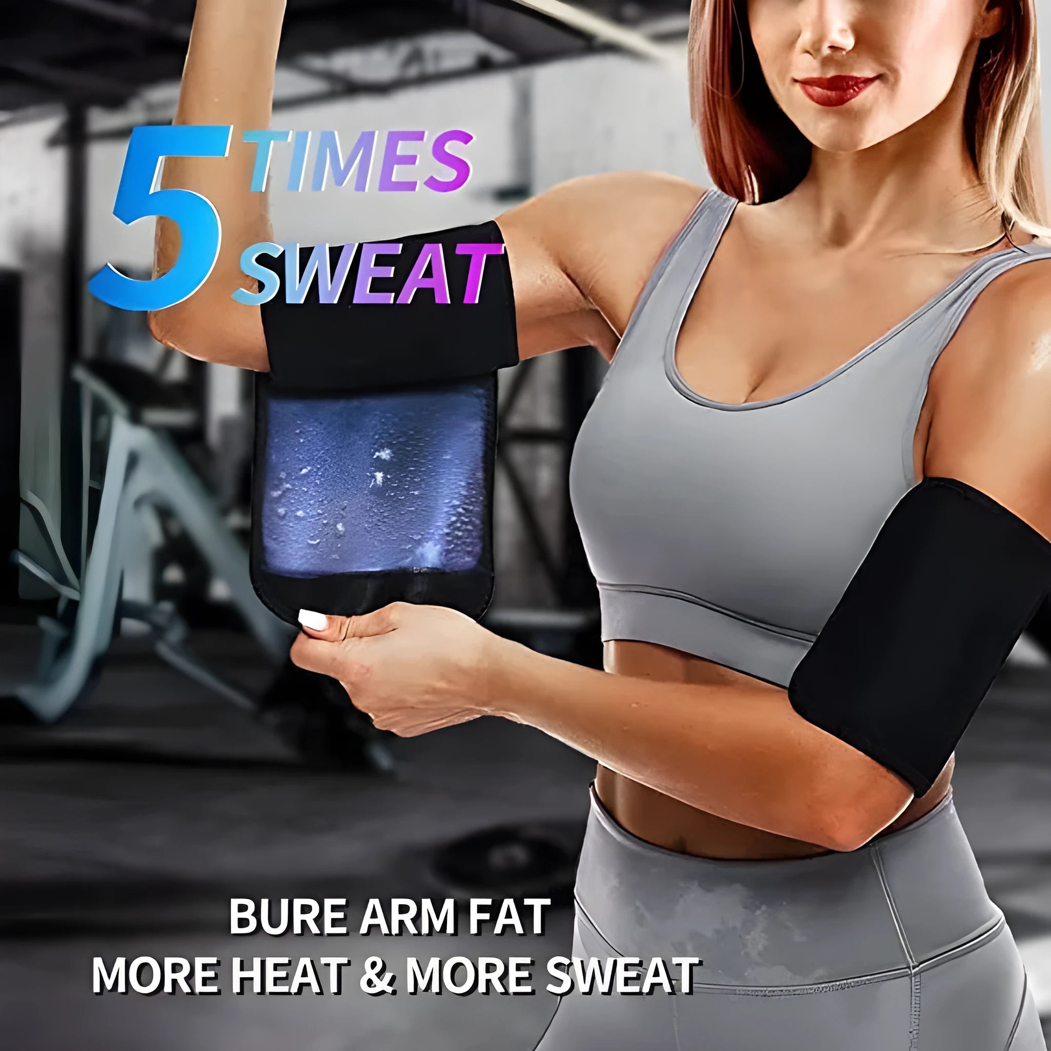 Adjustable arm shaping sweatband in blue with binding strap, shown on arm during exercise.