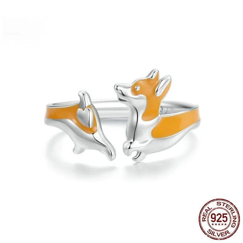 Silver electroplated adjustable ring with cartoon corgi dog design