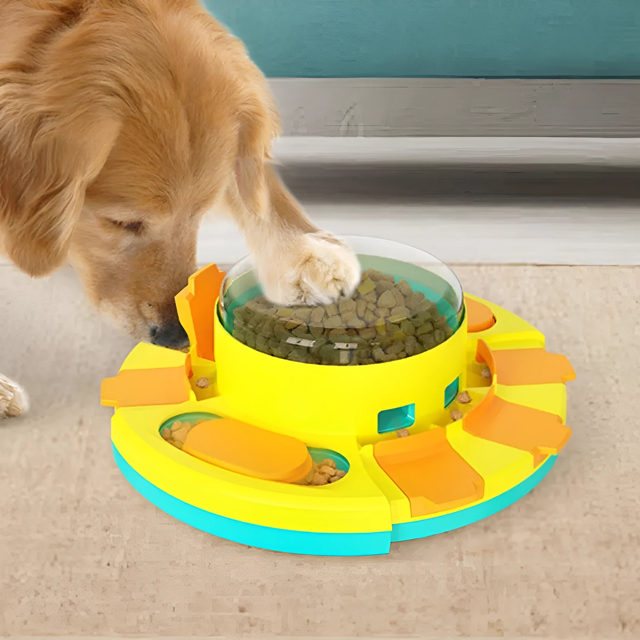 Assorted plastic pet toys including a red Leaky Bear dog toy and a pink Bulb Tumbler cat toy.