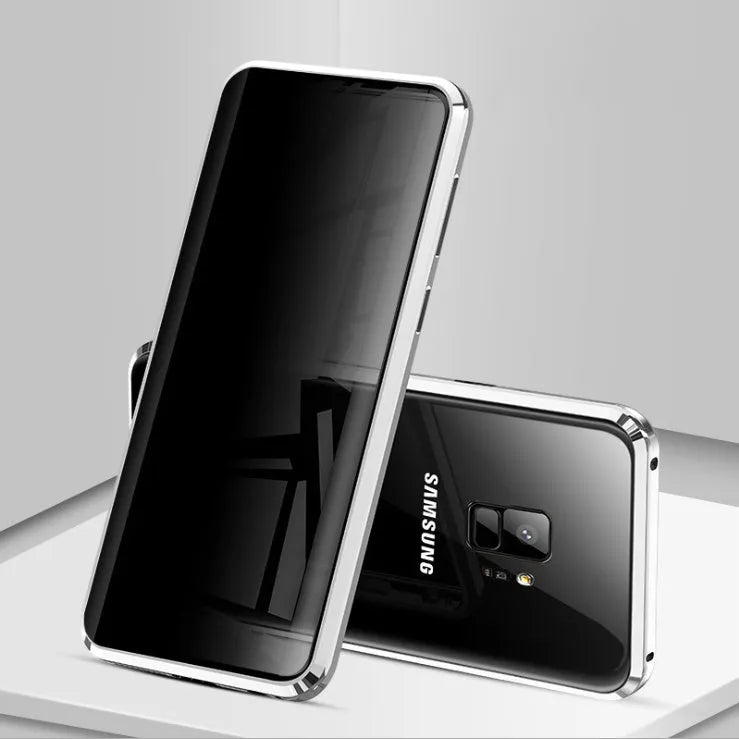 Black clamshell magnetic anti-peeping phone case for Samsung Galaxy phones, shown open and closed.