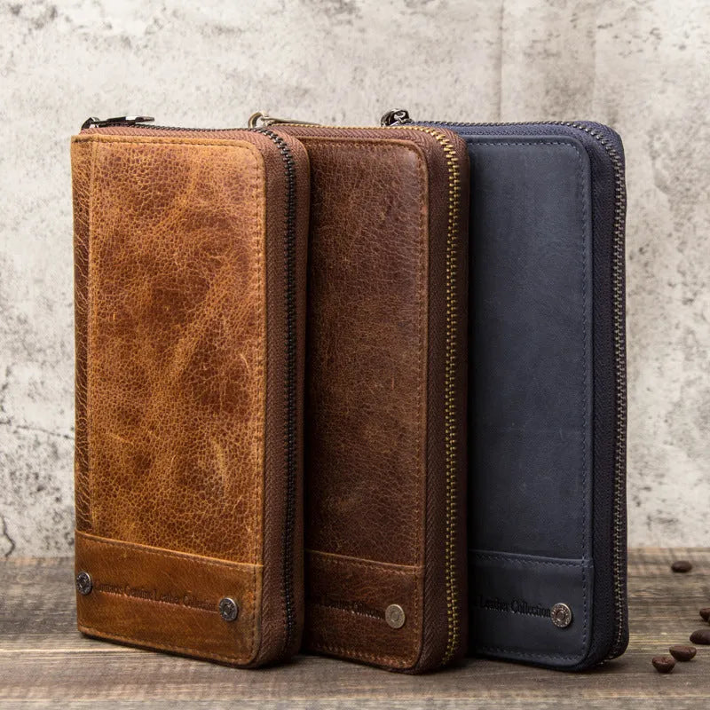 Genuine leather men's wallet with zipper and anti-theft card protection in brown colour option