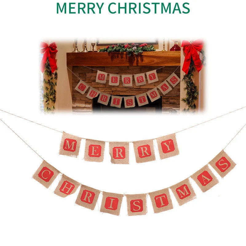 Two brown and red burlap Christmas banners with sackcloth flags hanging against a rustic backdrop.