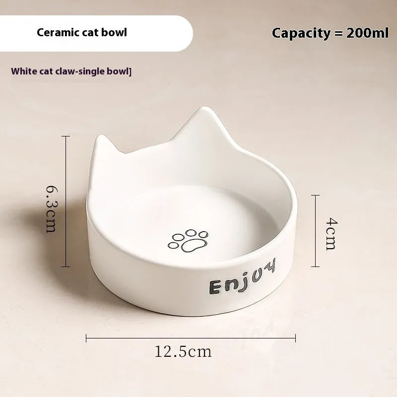 Ceramic cat bowl set with wooden anti-slip frame in cat paw design