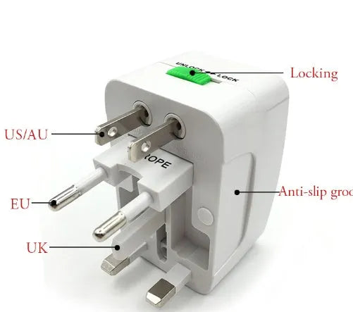 Compact universal travel plug converter with multi-country socket compatibility for mobile phone charging.