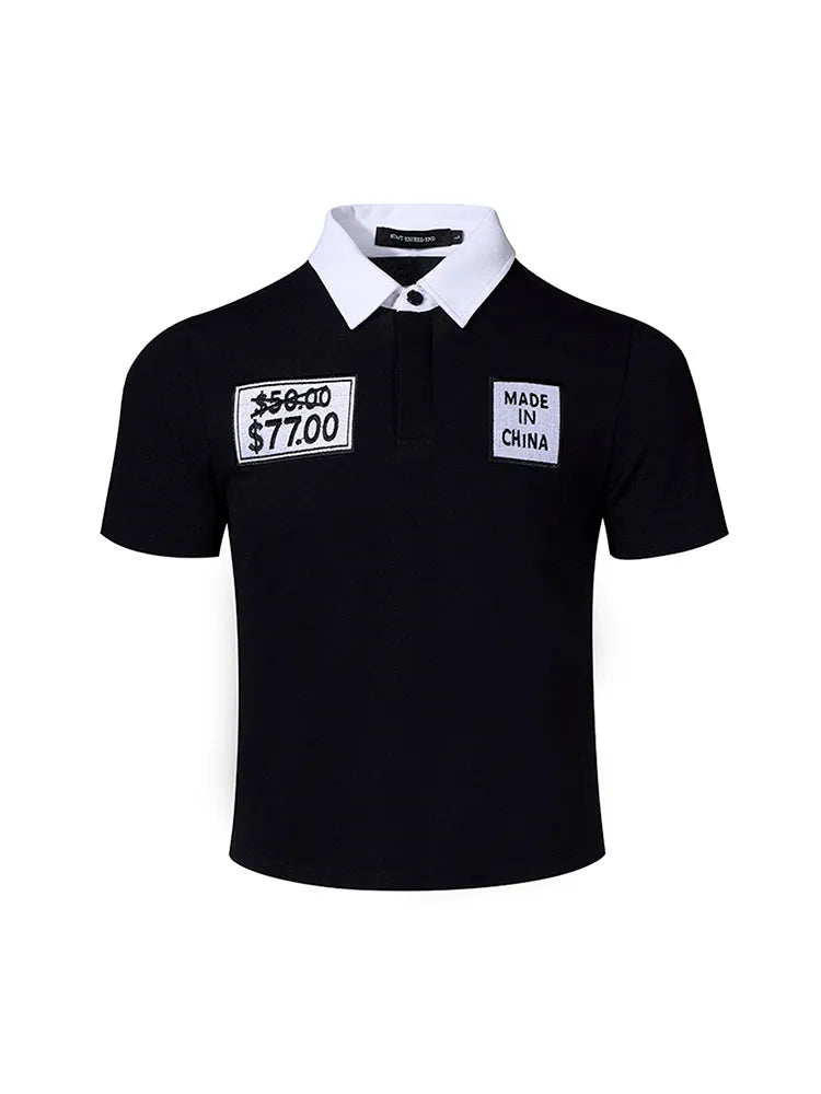 Black slim fit men's short sleeve polo shirt with an embroidered hat design on the front.