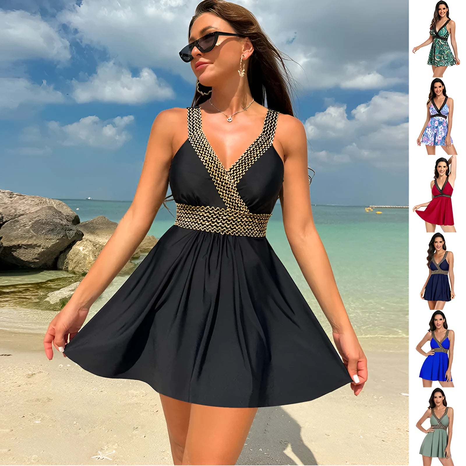 Woman wearing a v-neck printed swimsuit dress on the beach
