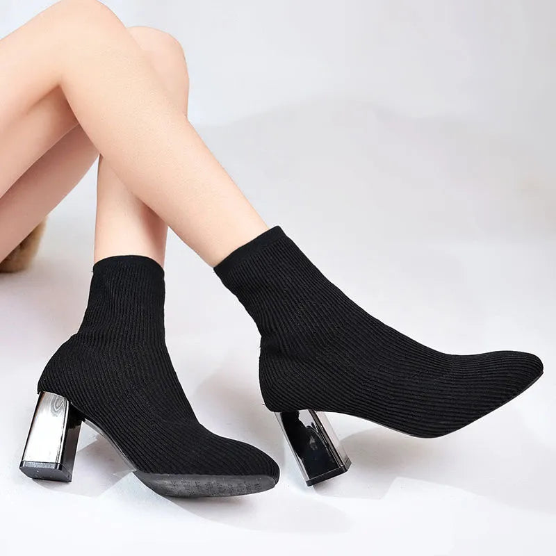 Elastic women's boots flat heel mesh panel short tube PU black colour size 34-40