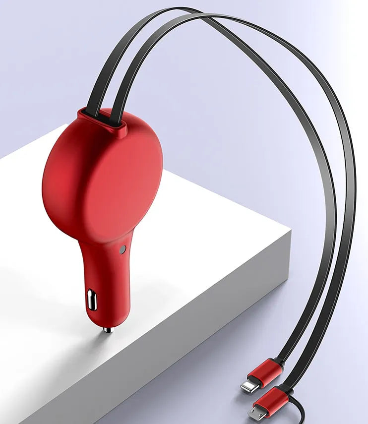 Black retractable car charger with two extended cables showing USB and Lightning connectors next to a car dashboard.