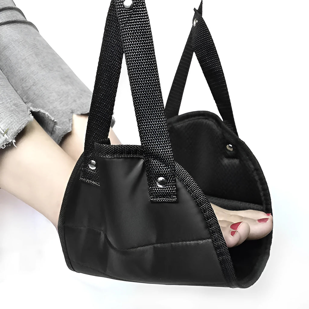Black Oxford cloth portable footrest hammock with adjustable slings on both sides, 41 x 22 cm