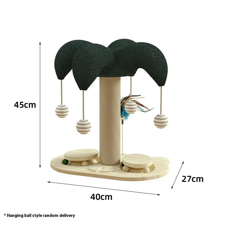 Solid wood cat climbing frame with rotating turntable and sisal scratching post in a panda design.