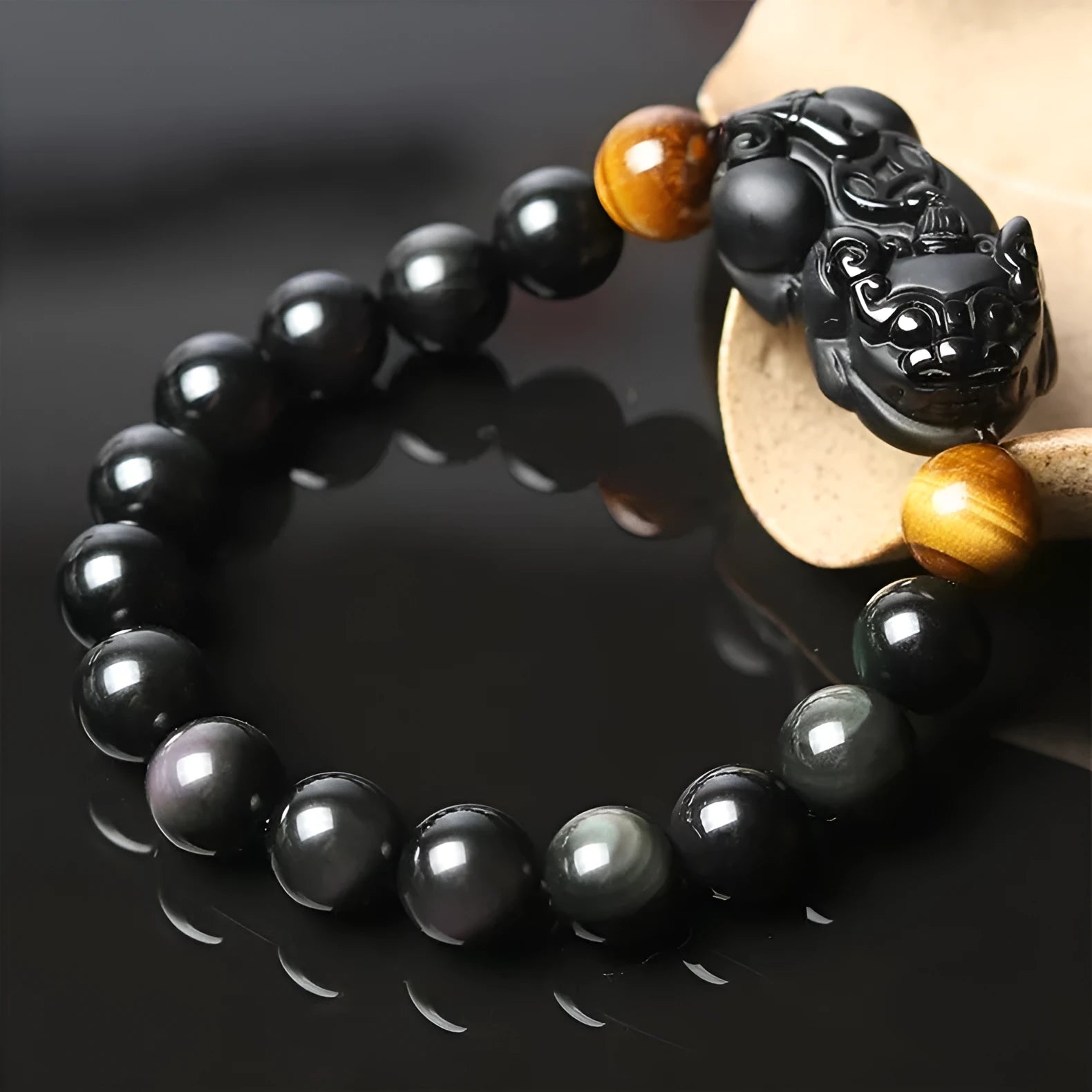 Mexico gold sheen obsidian Pi Xiu bracelet unisex black beaded ethnic style 10mm beads on cord