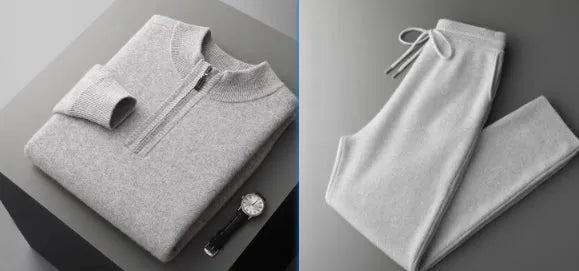 Men's heavy goat seven-needle thickened warm half-zip knit sweater in camel, dark gray or light gray, sizes S-XXXL.