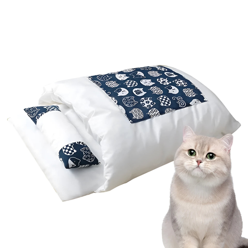Grey cushioned pet bed house with a removable inner sleeping bag and a built-in pillow for cats and dogs.