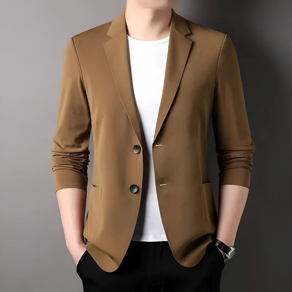Men's slim-fit polyester business blazer in black with two-button closure, lightweight construction, size M to 7XL
