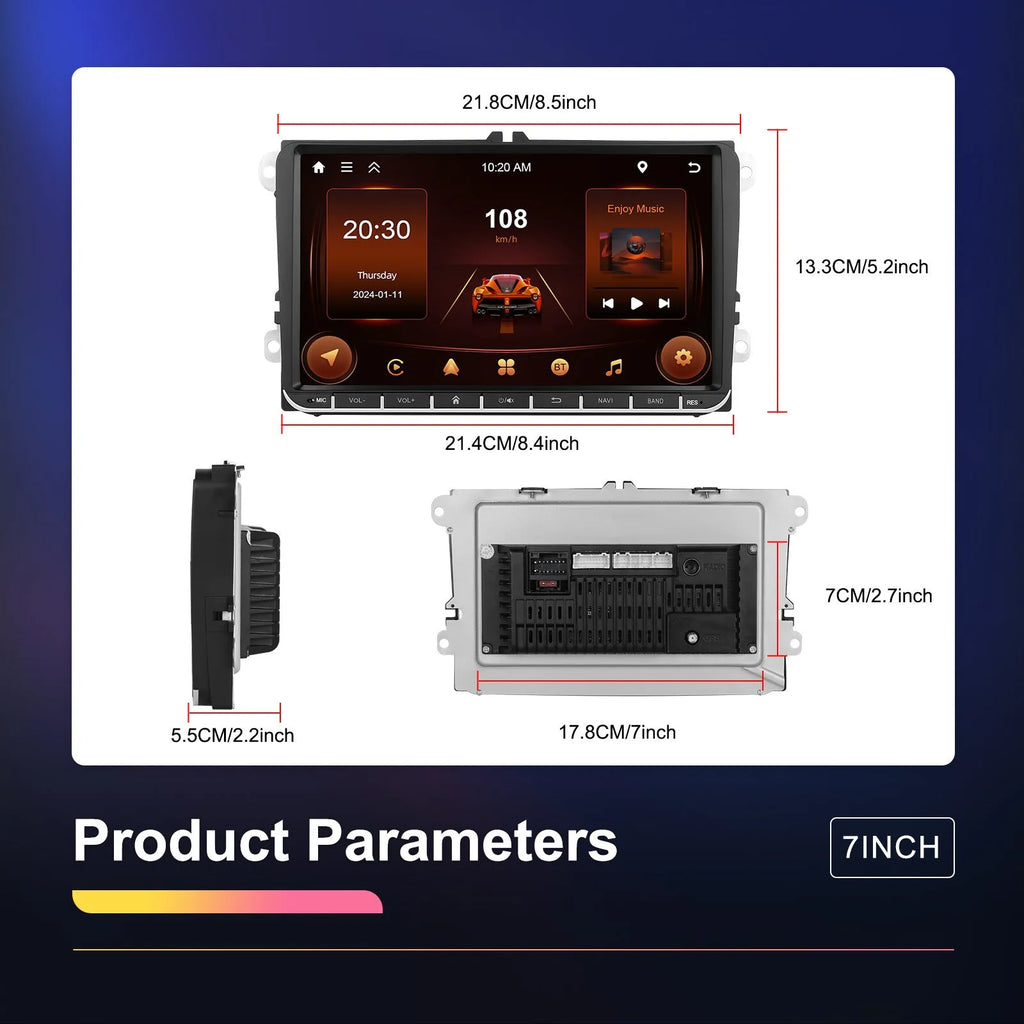 7-inch Android car stereo head unit with touchscreen for Volkswagen vehicles featuring wireless CarPlay.