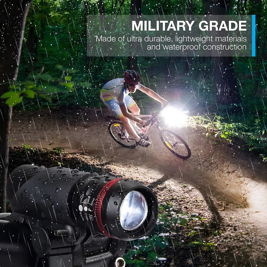 Bicycle front flashlight mounted on handlebar with bracket and separate red LED taillight for cycling safety.