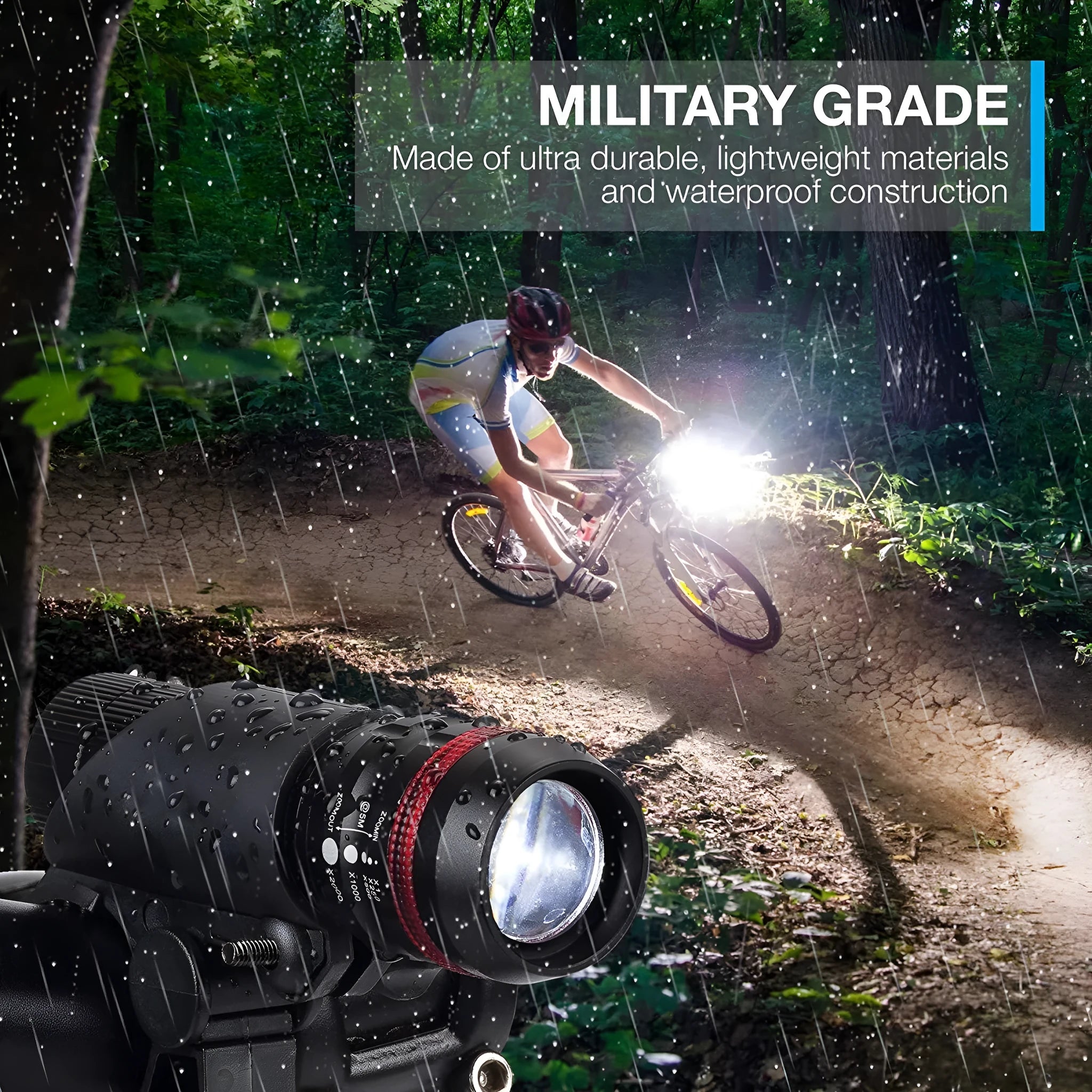 Bicycle front flashlight mounted on handlebar with bracket and separate red LED taillight for cycling safety.