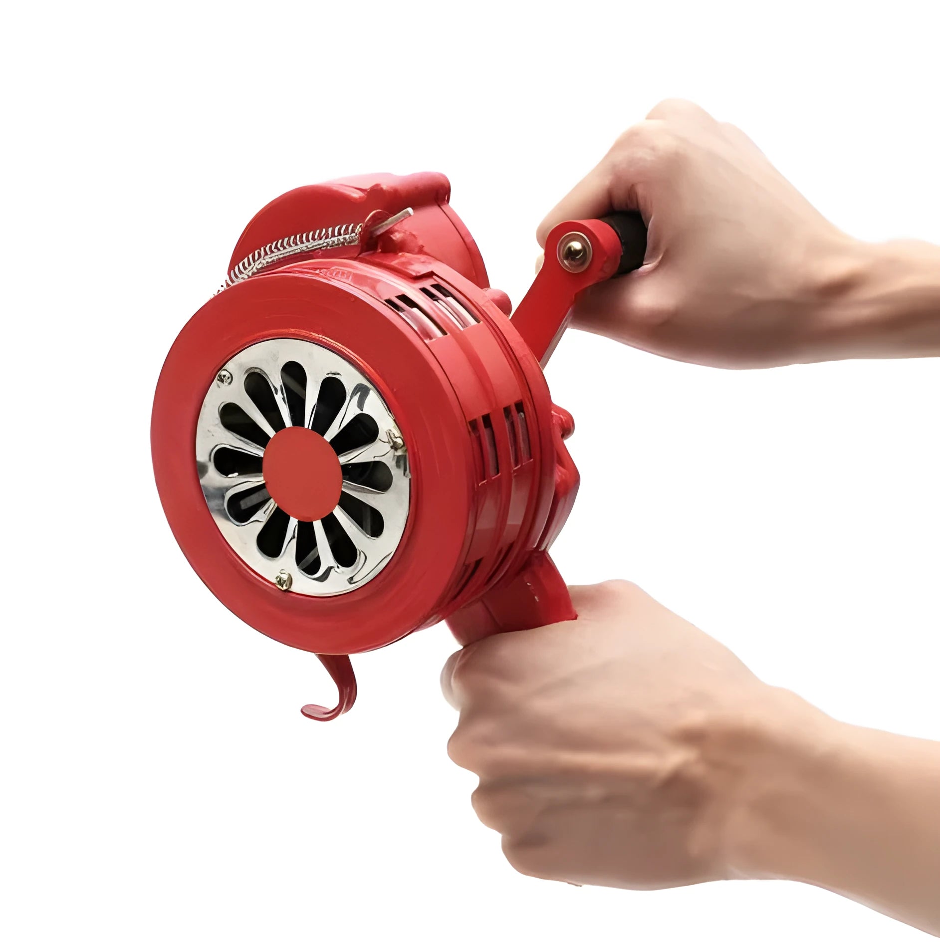 Red manual hand crank air raid alarm siren made of aluminium alloy with folding handle