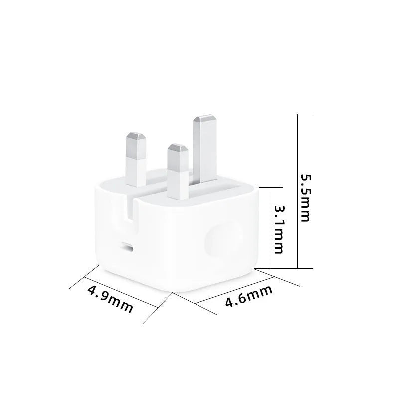 White 20W PD fast charger with UK plug and a USB Type-C charging cable.