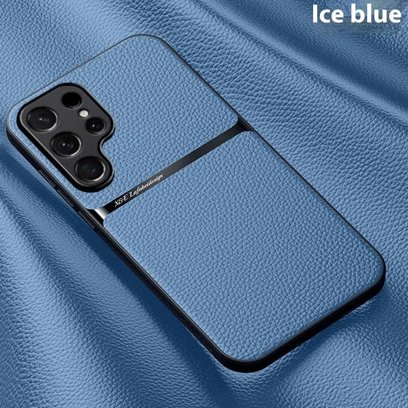 Litchi leather pattern Samsung phone case with embossed plaid design and magnetic anti-fall cover in Still Night Black.