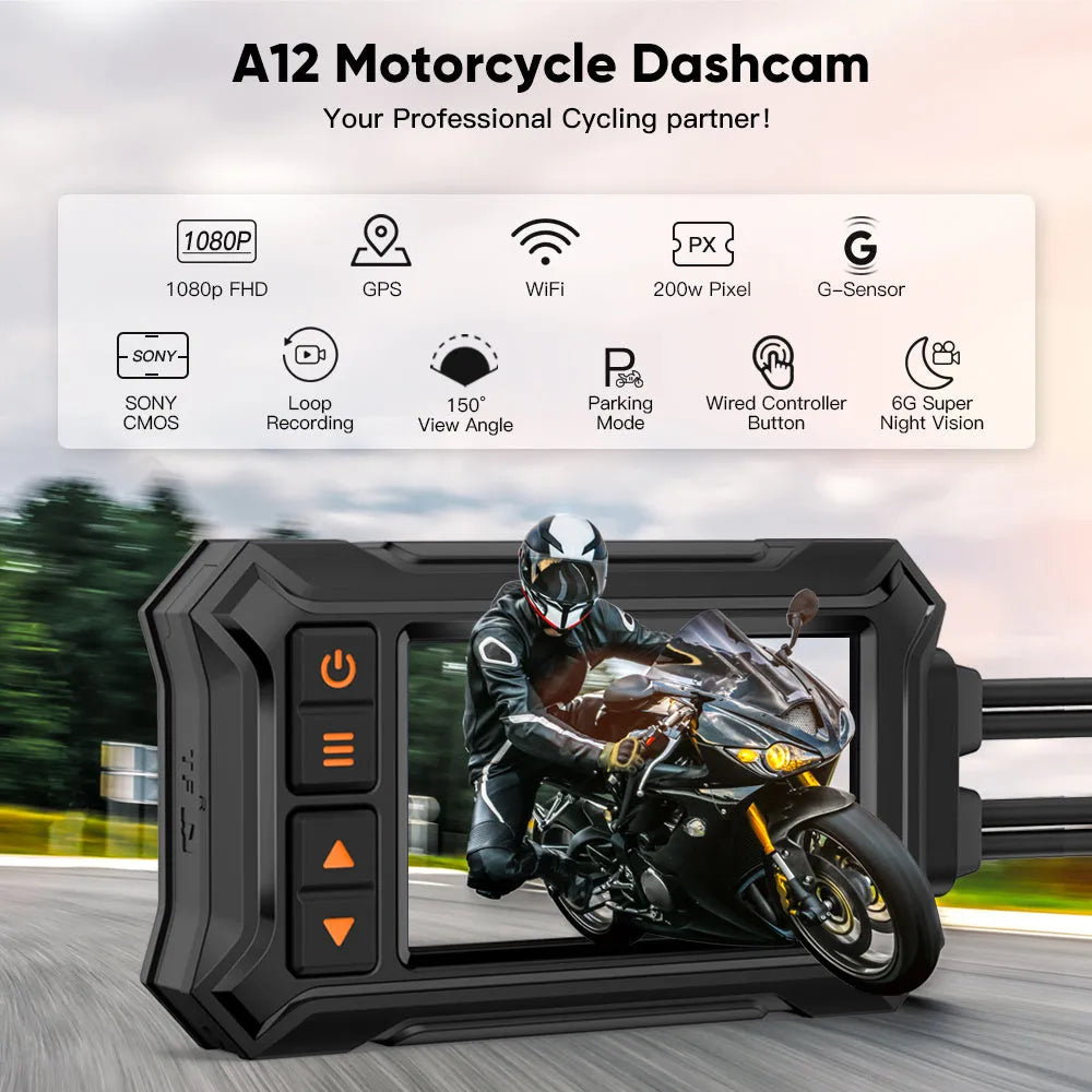 Motorcycle dash camera unit with front and rear lenses, GPS module, and 3-inch display screen.