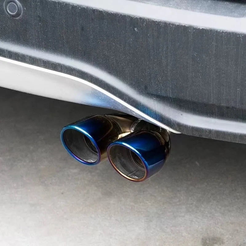 Stainless steel car exhaust pipe tail hood decoration in Double Baked Blue finish, flat mouth shape