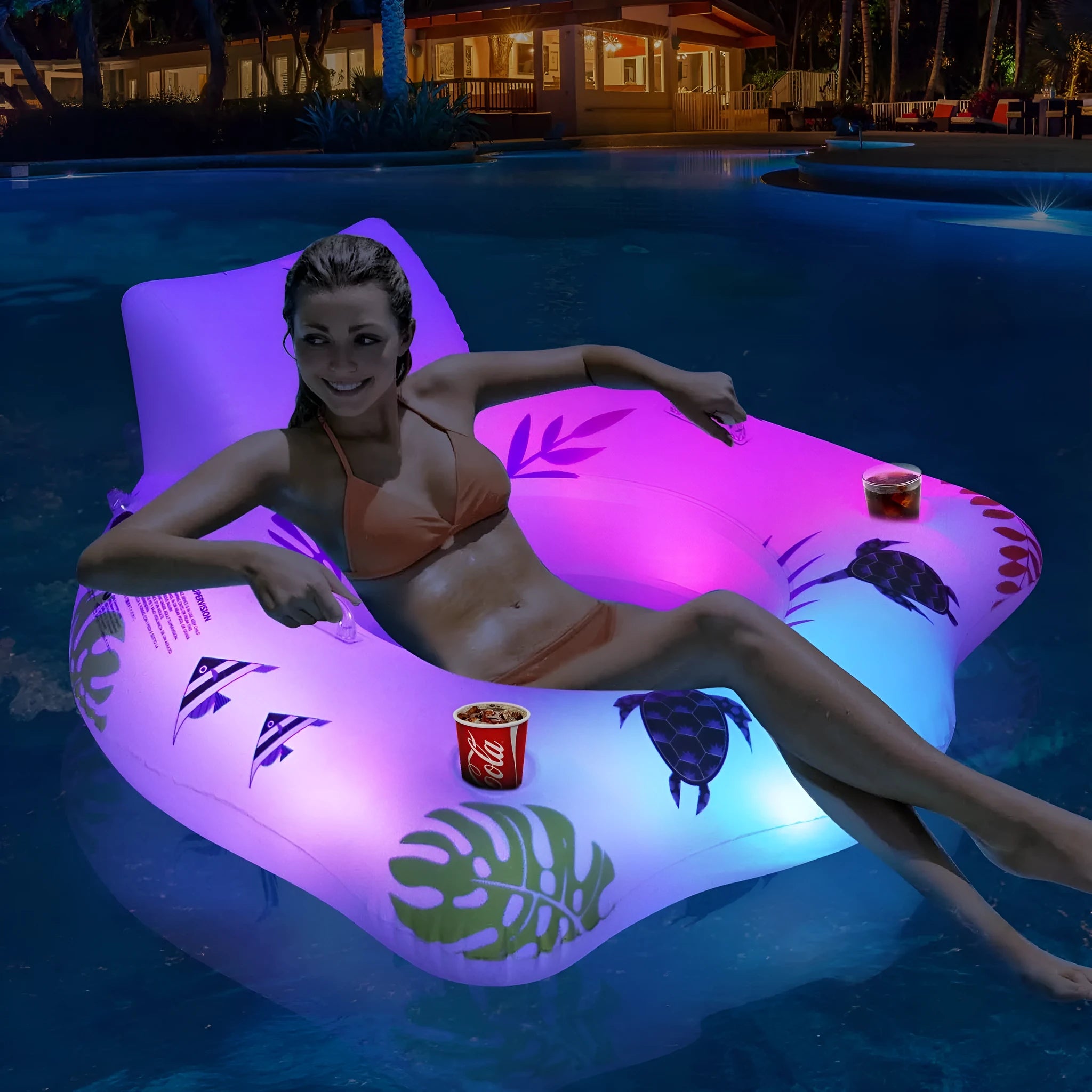White luminous U-shaped inflatable pool float on water.