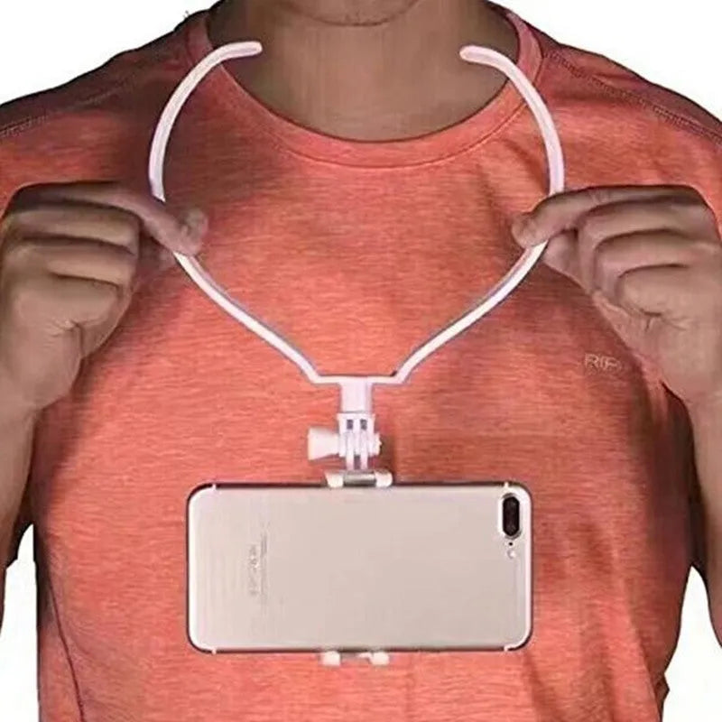 Black ABS plastic neck phone holder with adjustable mounting ring worn on a person.