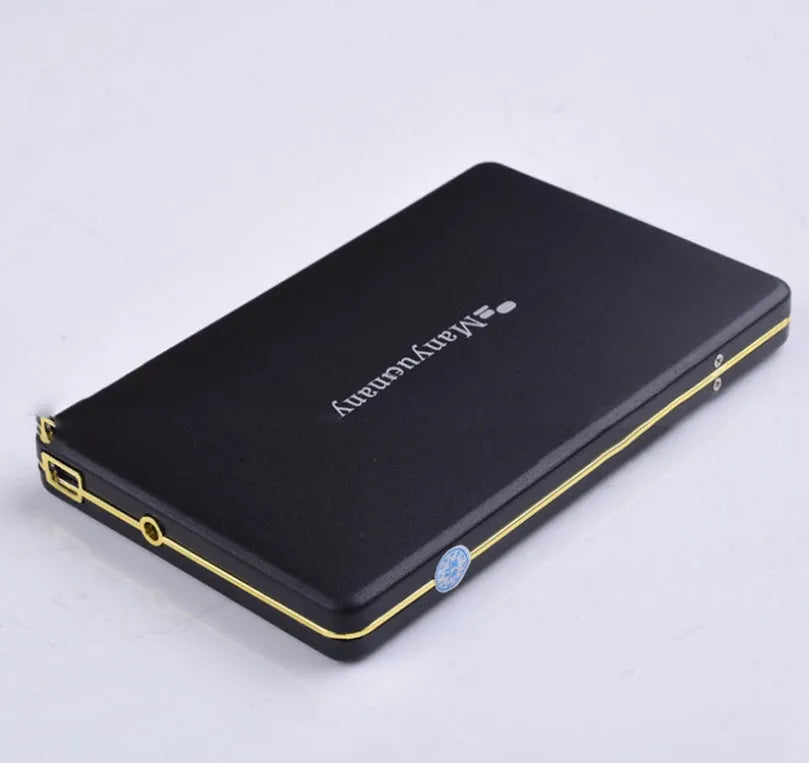 Ultra-thin mobile hard disk with metal shell, black colour, USB 3.0 interface, showing compact 2.5-inch size