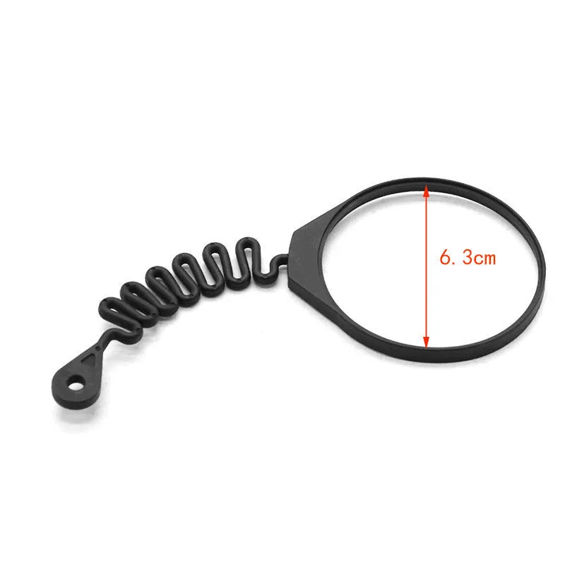 Black rubber fuel cap tether for Volvo cars, showing circle band and separate rope options.