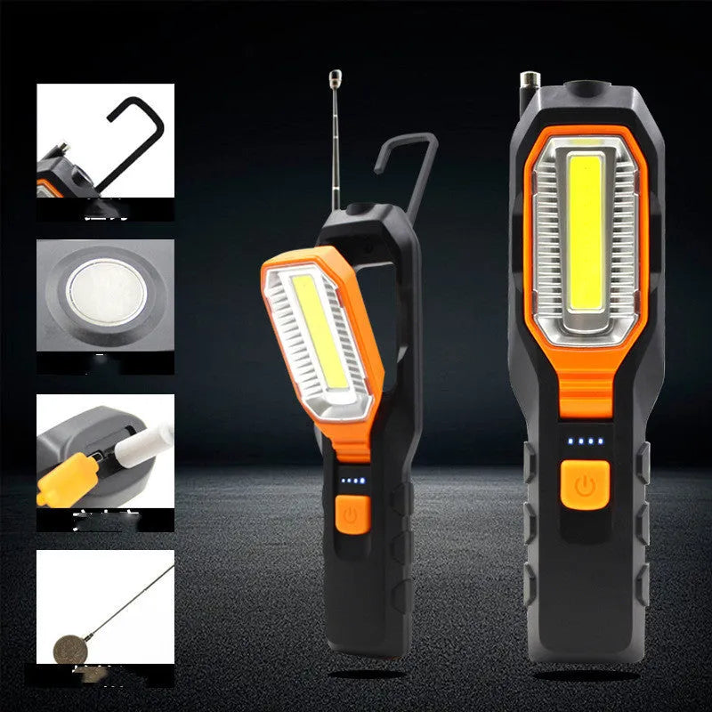 Multifunctional COB work light in ABS plastic housing with LED light, available as dry battery or rechargeable USB model