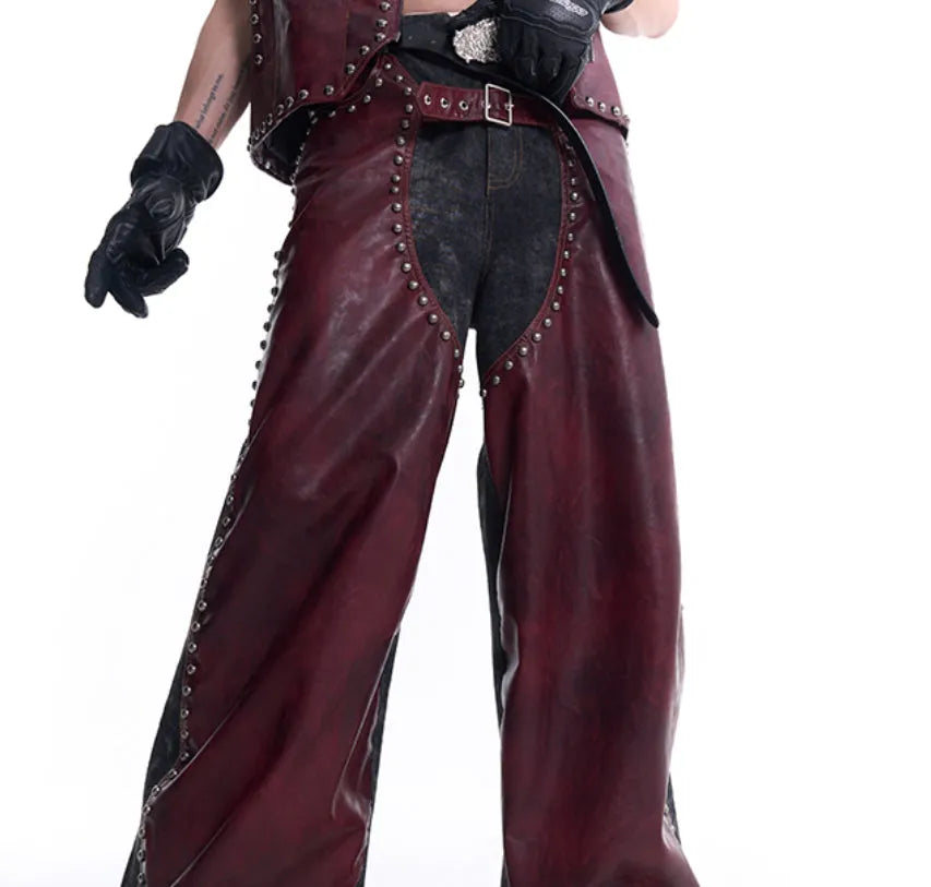Heavy industry rivets leather vest coat with lapel collar and matching red pants set