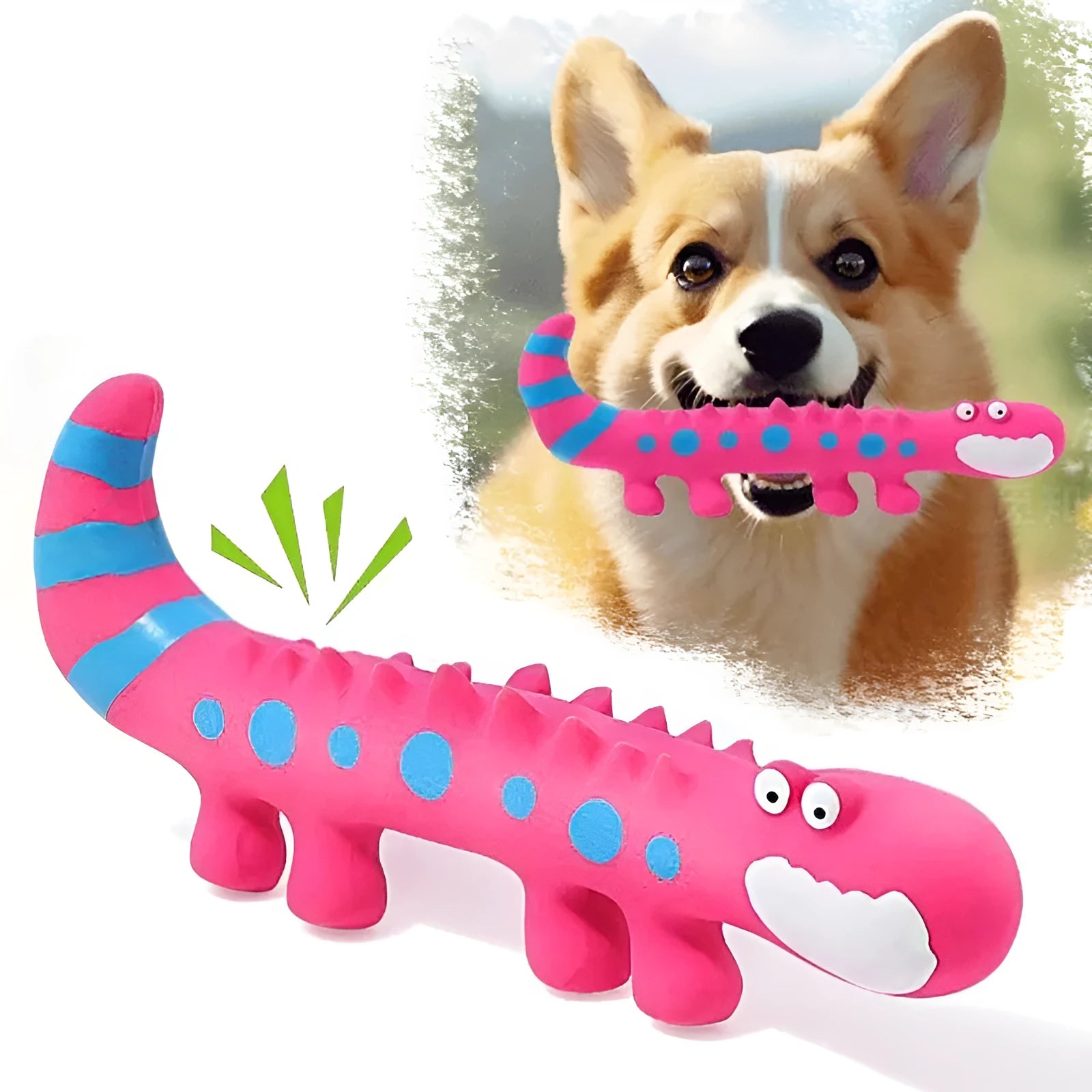 Green latex lizard squeaky dog toy with built-in squeaker for small to medium dogs, 20 cm long