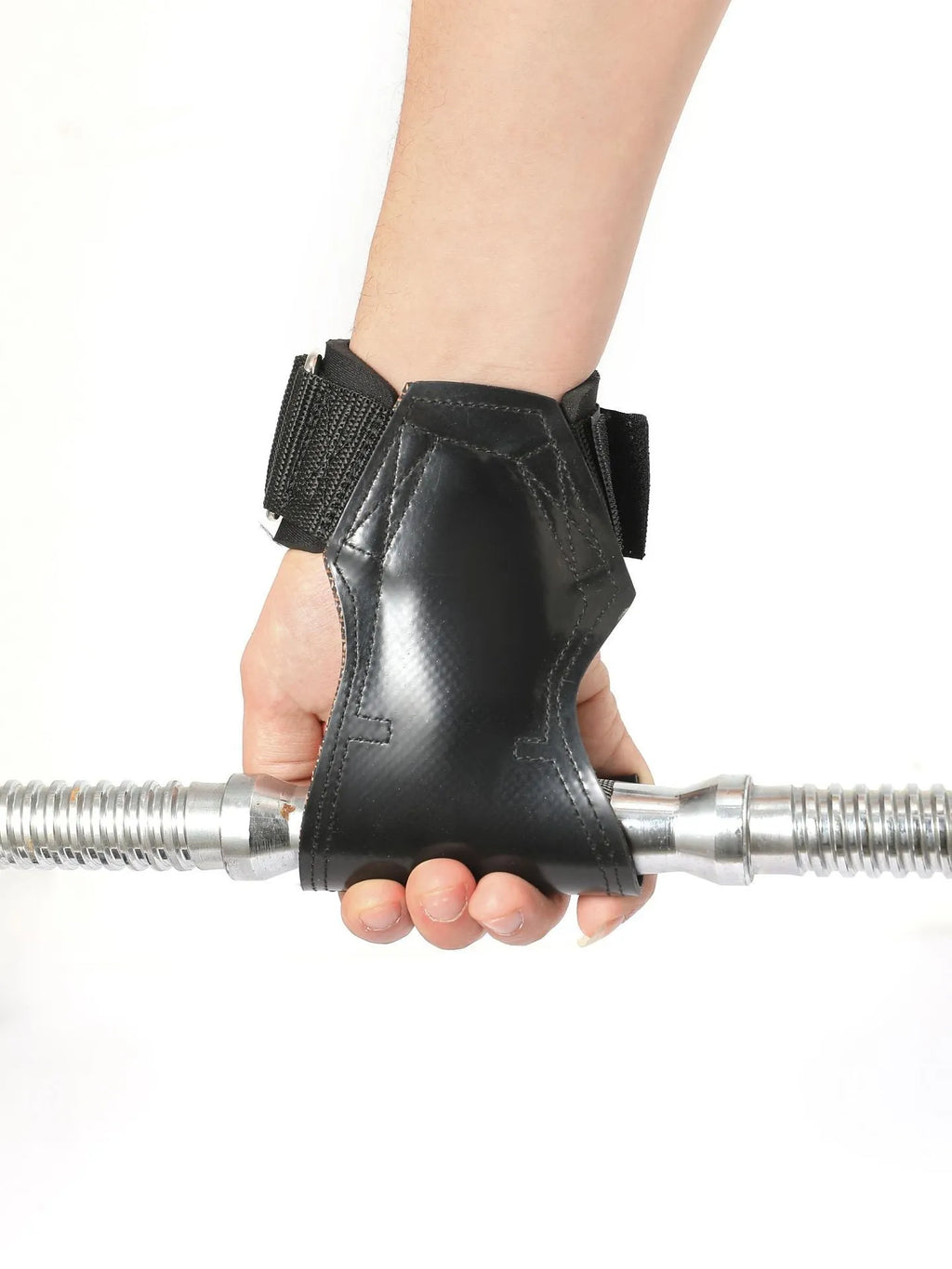 Black rubber weightlifting palm protector belt for non-slip grip during barbell and rock climbing.