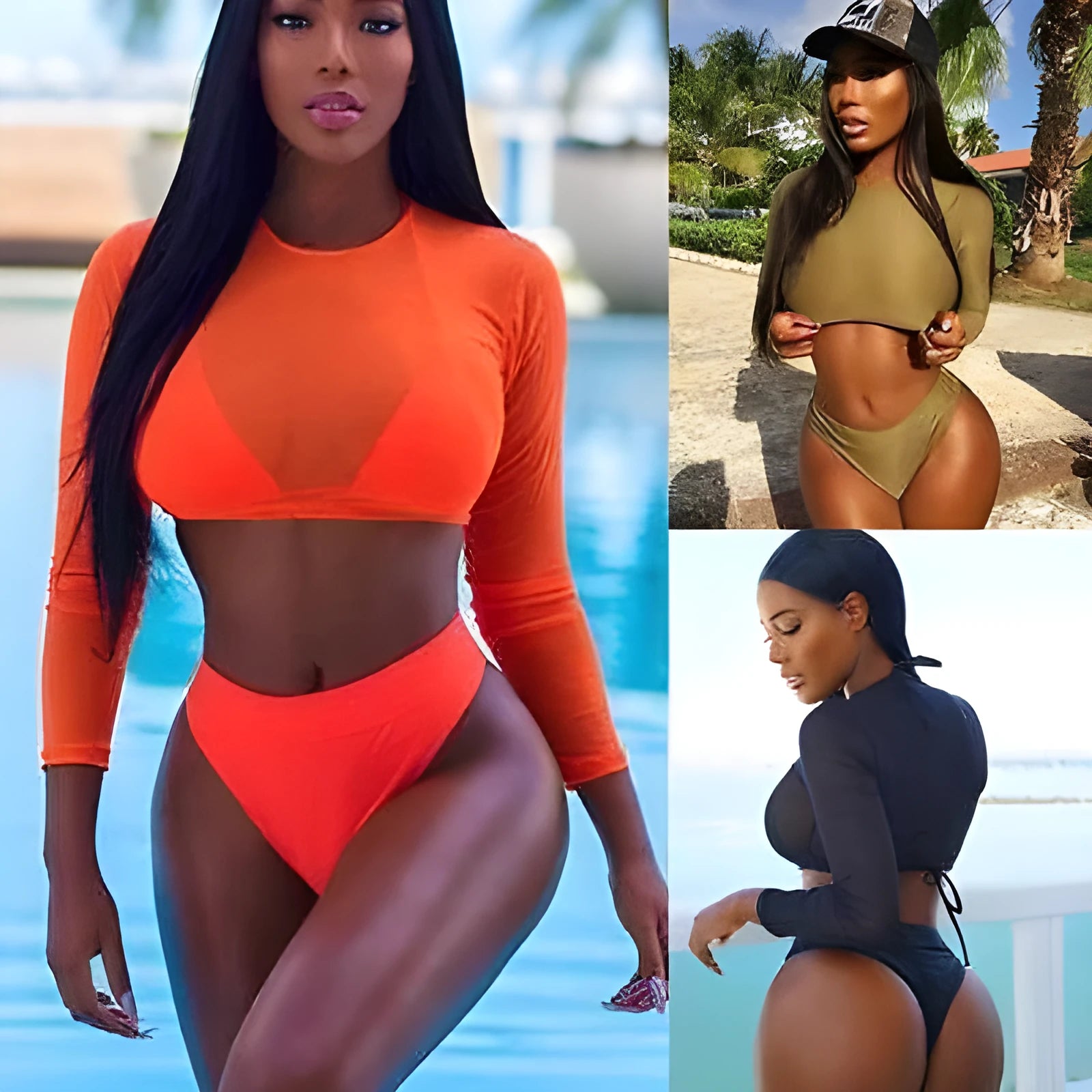 Orange solid three-piece bikini set with high waist, padded top, and see-through fabric panels
