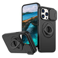 Phone case with sliding window, magnetic ring rotating bracket, in black, for Apple iPhone 16 Pro Max
