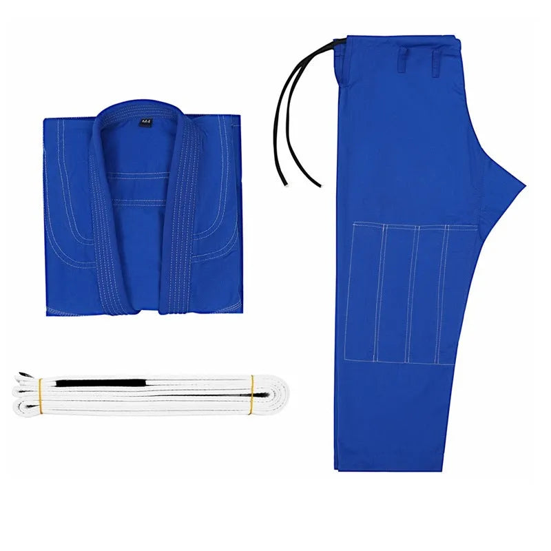 Cotton blend Brazilian Jiu-Jitsu gi jacket and trousers set on a white background.