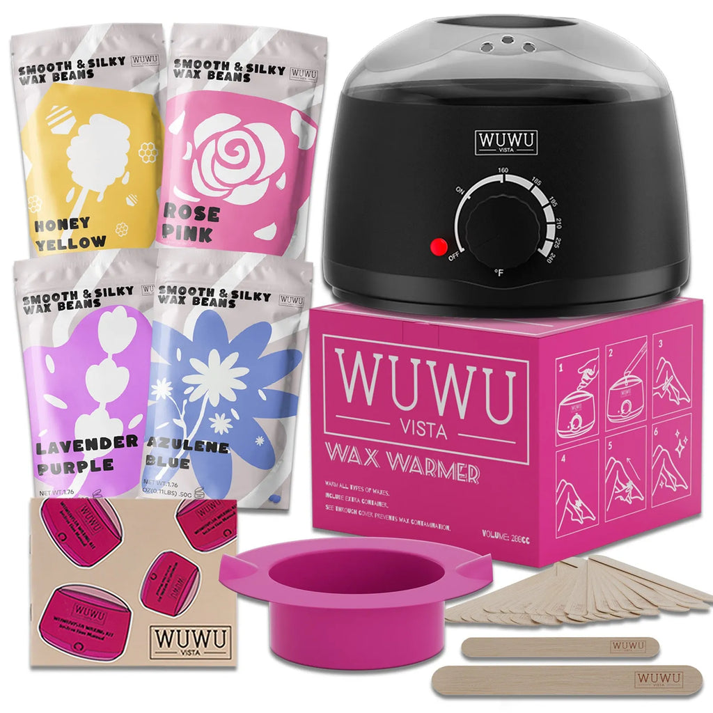 27-piece hair removal wax kit with electric warmer, four coloured wax pots, and applicator sticks.