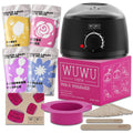 27-piece hair removal wax kit with electric warmer, four coloured wax pots, and applicator sticks.
