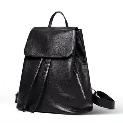 Black genuine leather women's backpack with multiple compartments and waterproof design