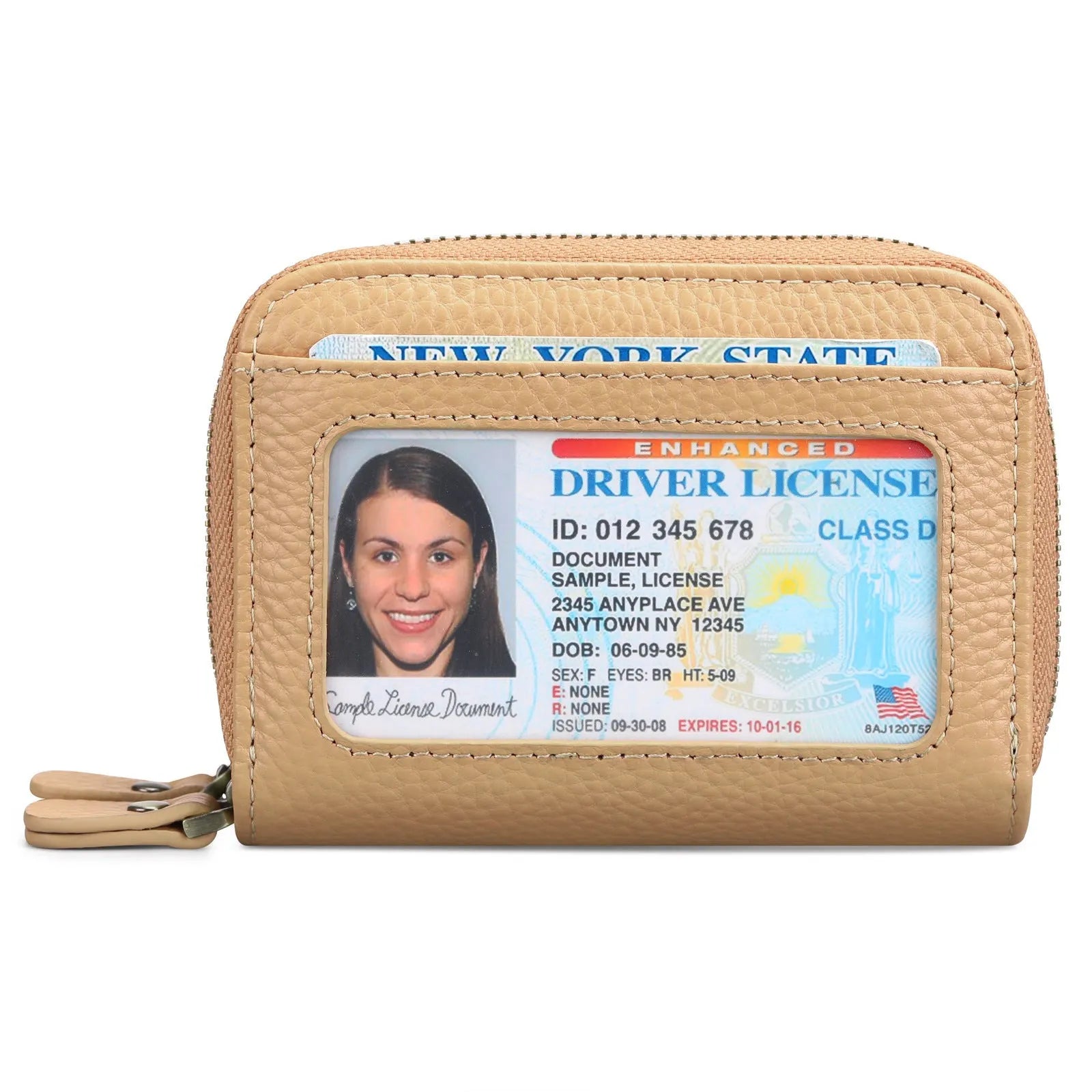 Genuine cowhide leather double layer card holder with zipper, shown in red colour with gift box.