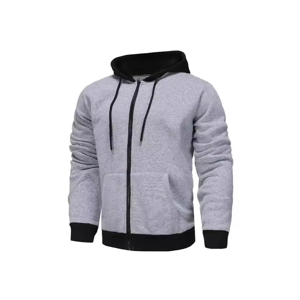 Men's black zip-up hoodie cardigan with a light grey hood on a hanger.
