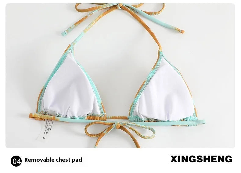 Women's green gathered tulle long-sleeved triangle bikini swimsuit with matching skirt